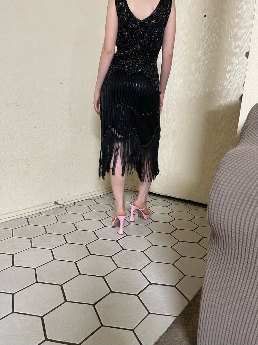 Black Beaded Fringe Midi Dress